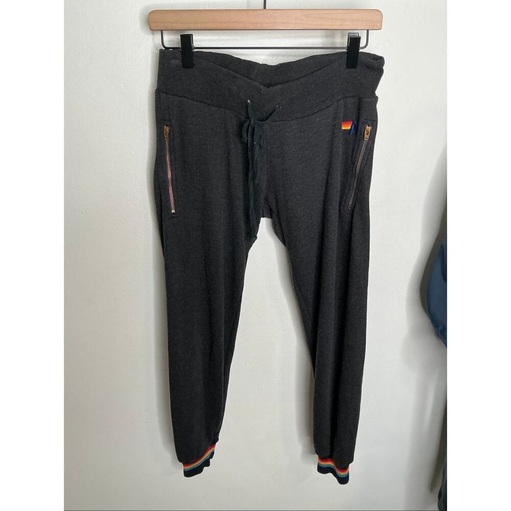 Aviator Nation Rainbow Cuff Zippered Pockets Sweatpants | Charcoal in XS